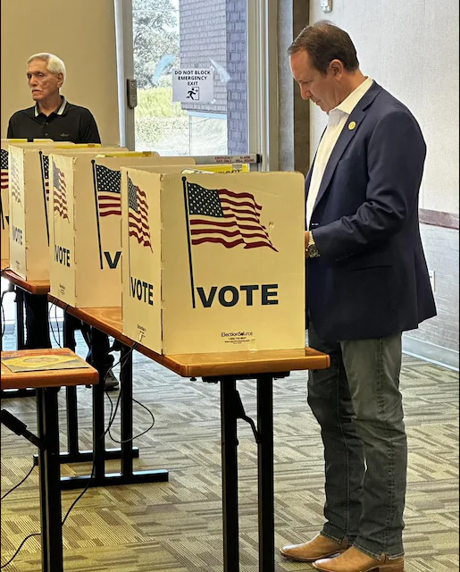 Louisiana Attorney General and Republican gubernatorial frontrunner Jeff Landry casts an early-vote ballot in Broussard, Louisiana, on Oct. 2, in the state’s Oct. 14 primary. (Landry For Louisiana)