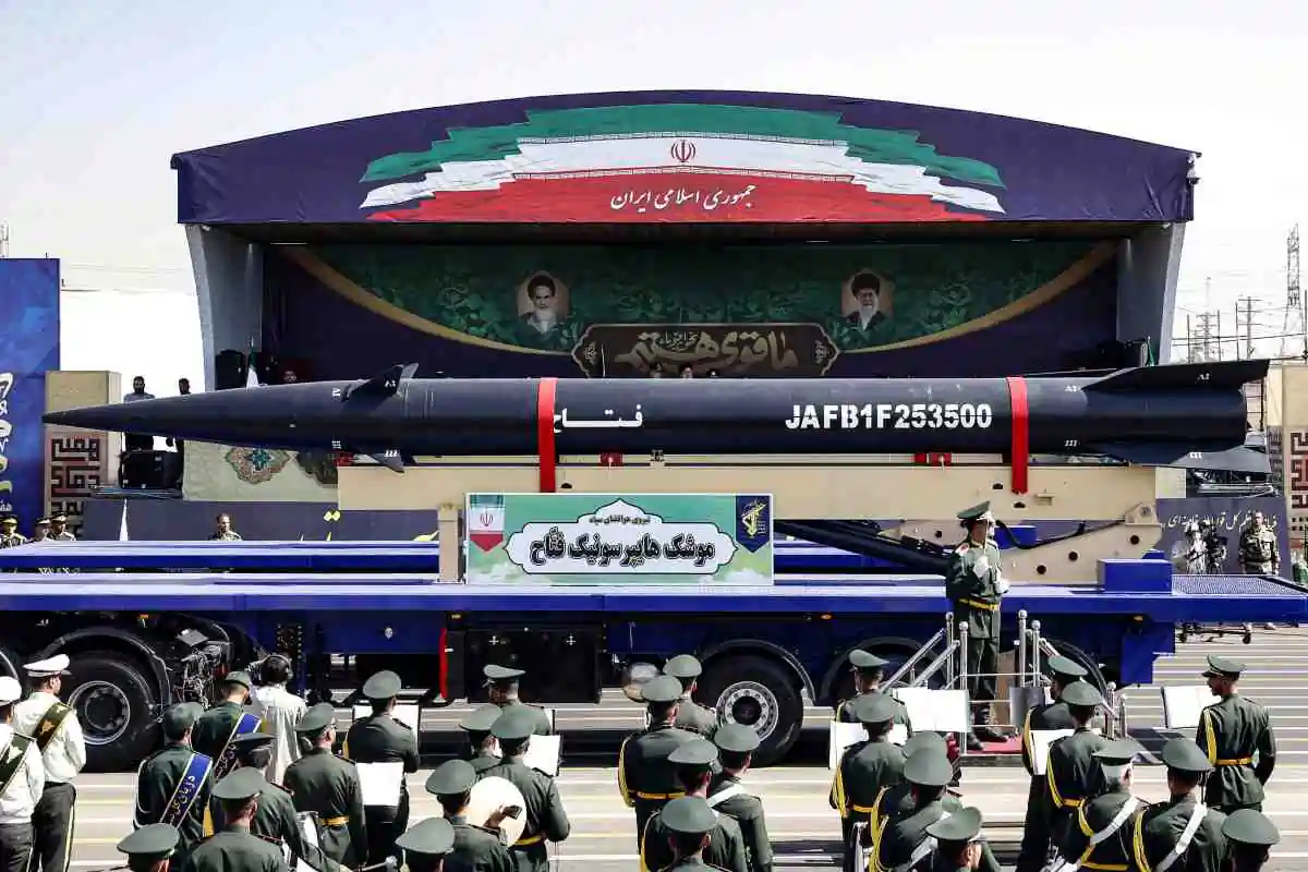 A truck carries an Iranian “Fattah” hypersonic ballistic missile during the annual military parade marking the anniversary of the outbreak of the devastating 1980–1988 war with Saddam Hussein's Iraq, in Tehran, on Sept. 22, 2023. (-/AFP via Getty Images)