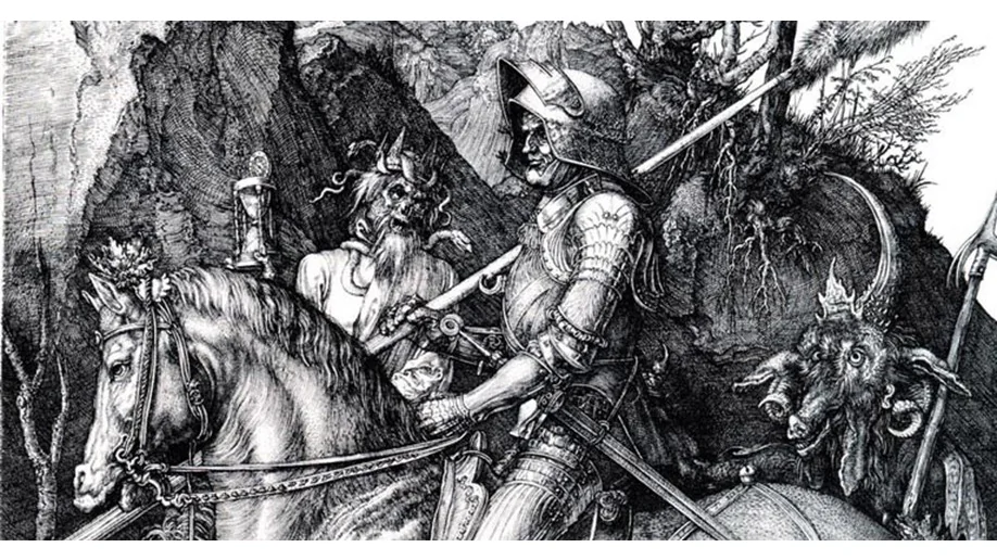 A detail of "Knight, Death, and the Devil," 1513, by Albrecht Dürer. Copper engraving; 9.7 inches by 3.9 inches. (Public Domain)
