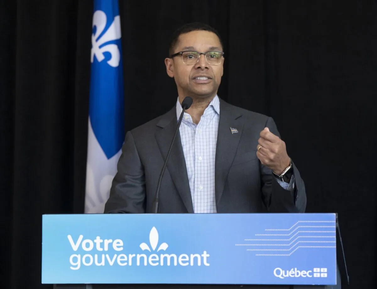 Quebec Social Services Minister Lionel Carmant speaks during a news conference in Montreal on April 12, 2023. (The Canadian Press/Ryan Remiorz)