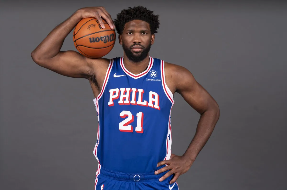 Philadelphia 76ers' Joel Embiid poses for a photograph during media day at the NBA basketball team's practice facility in Camden, N.J., on Oct. 2, 2023. (Chris Szagola/AP Photo)