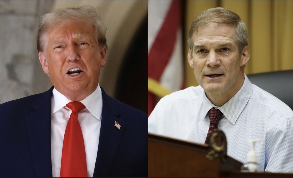 (L) Former President Donald Trump speaks to the media in New York on Oct. 4, 2023. (Kena Betancur/AFP via Getty Images) (R) Chairman of the House Judiciary Committee Rep. Jim Jordan (R-Ohio) speaks during John Durham's testimony in Congress in Washington on June 21, 2023. (Madalina Vasiliu/The Epoch Times)
