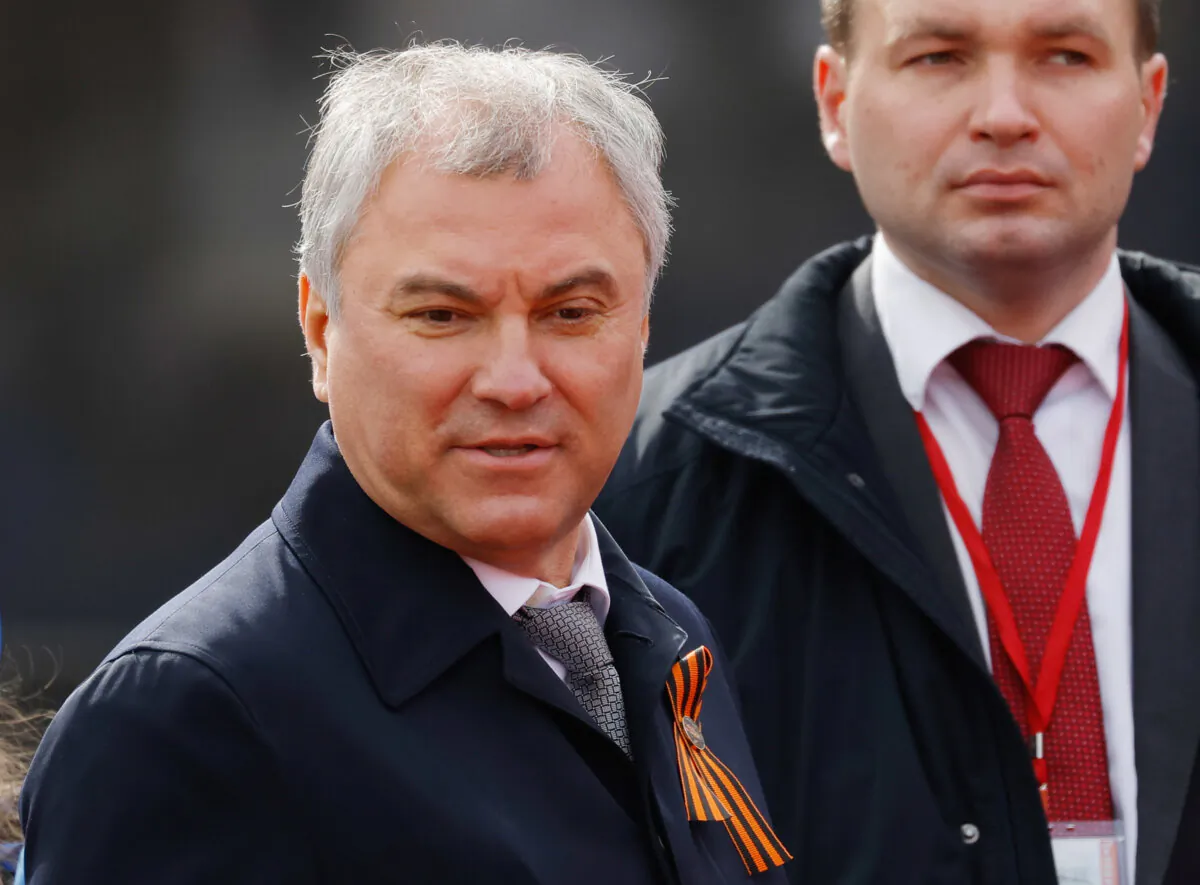 Russia's State Duma Speaker Vyacheslav Volodin attends a military parade on Victory Day, in Red Square in central Moscow on May 9, 2022. (Maxim Shemetov/Reuters)