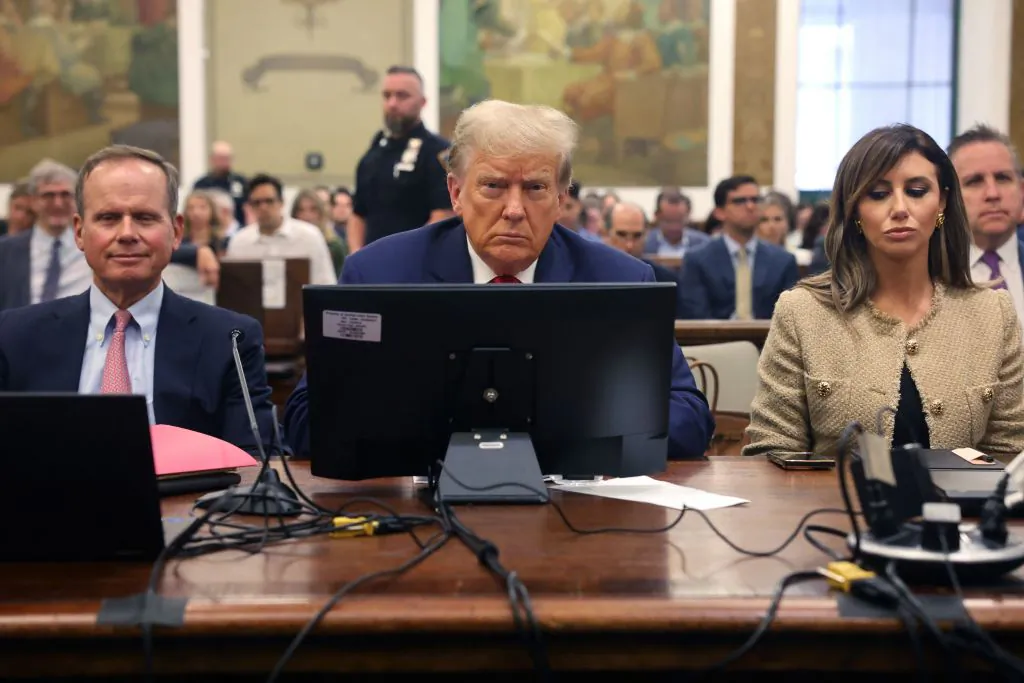 Former President Donald Trump (C) sits inside the courtroom for the third day of his civil fraud trial in New York on Oct. 4, 2023. (Spencer Platt/Pool/AFP via Getty Images)