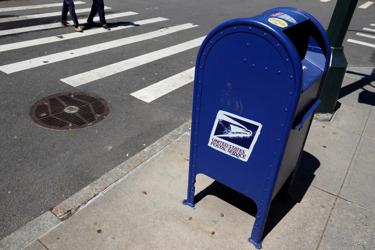 A United States Postal Service (USPS) mailbox is seen in Manhattan, New York, on May 9, 2022. (Andrew Kelly/Reuters)