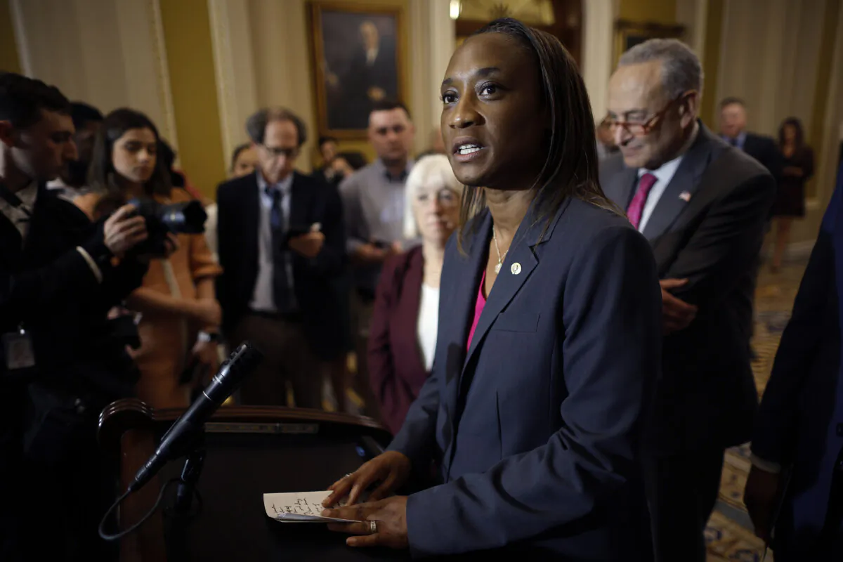 Newly appointed Sen. Laphonza Butler (D-Calif.) talks about her predecessor, the late Sen. Dianne Feinstein (D-Calif.), after attending her first Senate Democratic policy luncheon at the U.S. Capitol in Washington on Oct. 4, 2023. (Chip Somodevilla/Getty Images)