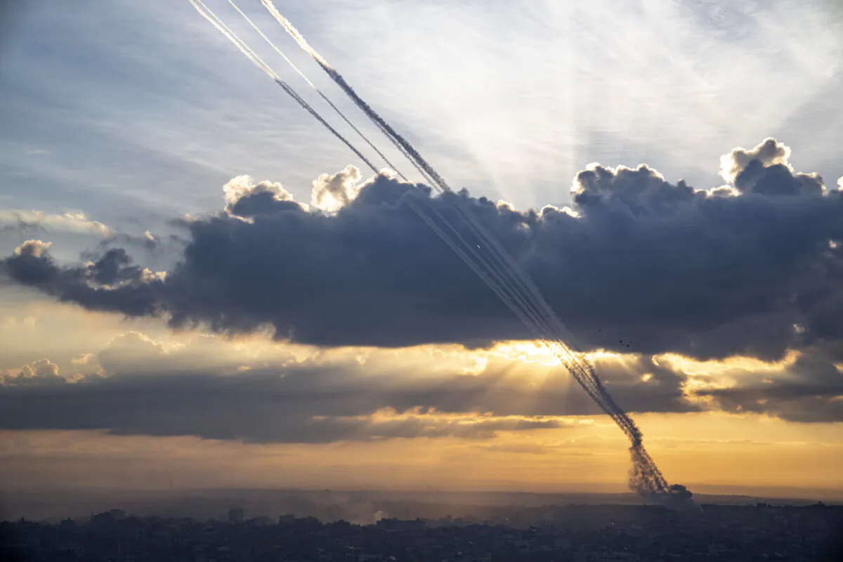 Rockets are fired toward Israel from Gaza, on Oct. 7, 2023. (AP Photo/Fatima Shbair)