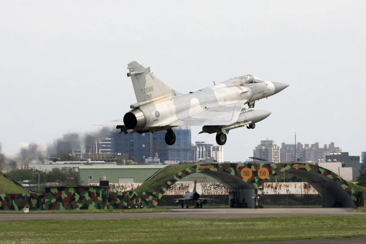 A Taiwanese air force Mirage 2000 fighter jet lands at an air force base in Hsinchu, northern Taiwan, on April 9, 2023. (Jameson Wu/AFP via Getty Images)