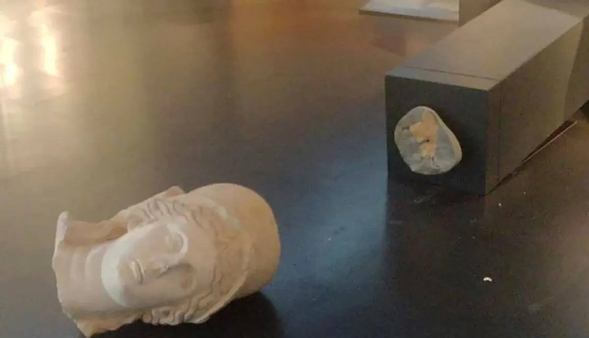 Two ancient Roman statues toppled at the Israel Museum in Jerusalem, on Oct. 5, 2023. (Israel Police via AP)