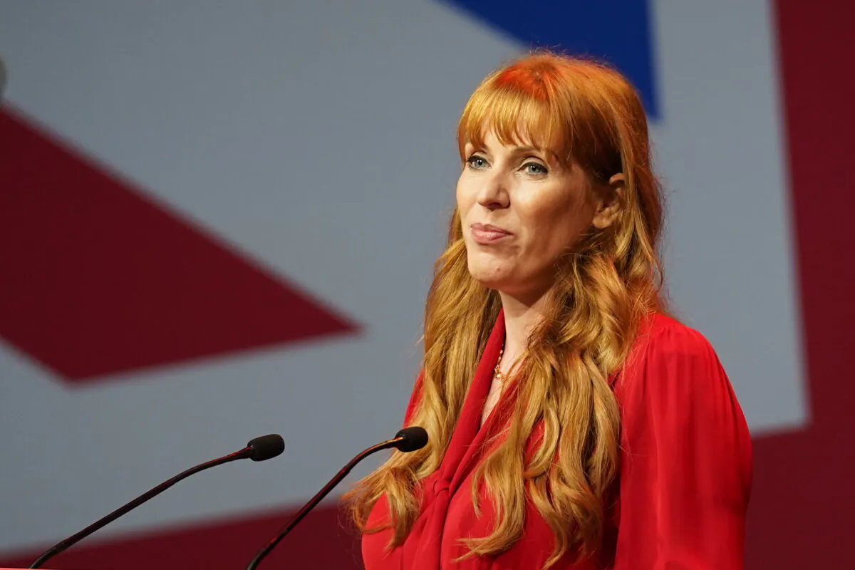 Deputy Labour leader Angela Rayner addresses the Labour Party Women's Conference 2023 in Liverpool, England, on Oct. 7, 2023. (Stefan Rousseau/PA)