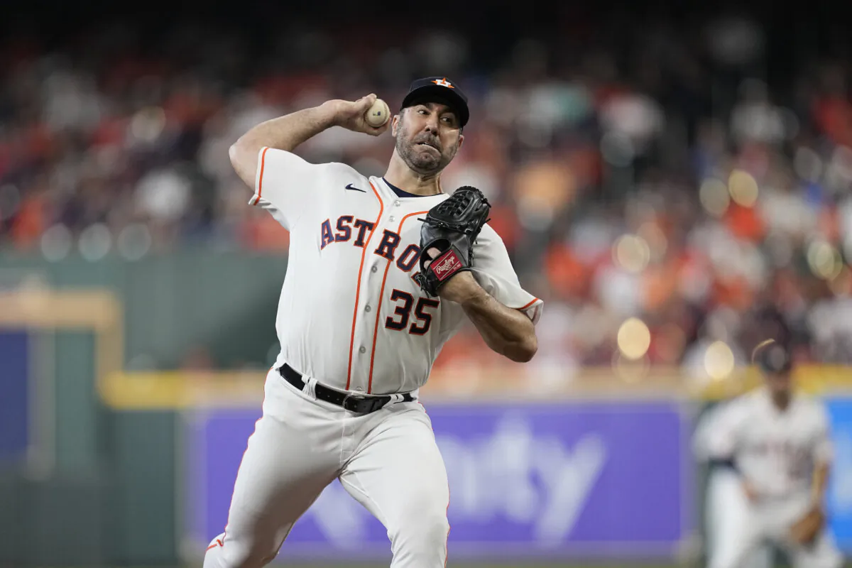 Houston Astros starting pitcher Justin Verlander throws during the first inning in Game 1 of an American League Division Series baseball game against the Minnesota Twins in Houston on Oct. 7, 2023. (Tony Gutierrez/AP Photo)