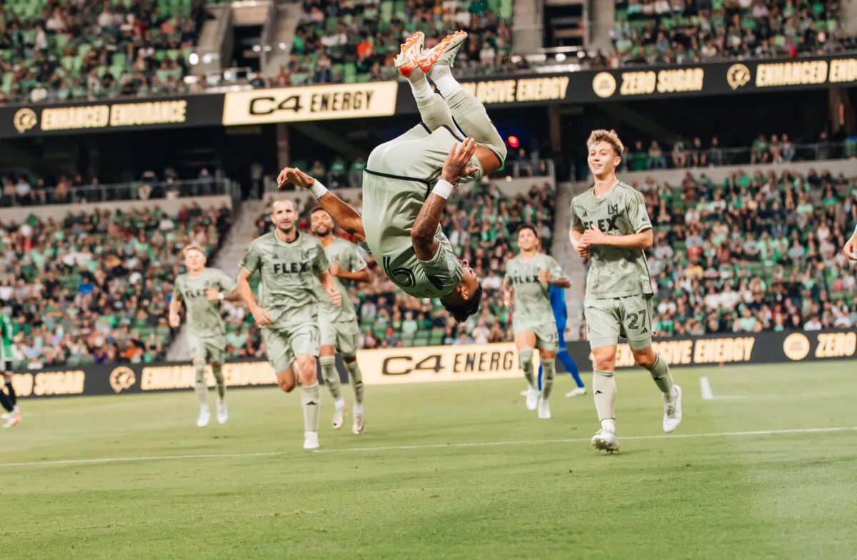 Los Angeles FC forward Denis Bouanga (99) celebrates his goal in the first half against Austin FC at Q2 Stadium in Austin, Texas, on  Oct. 7, 2023. (Courtesy of Los Angeles FC via The Epoch Times)