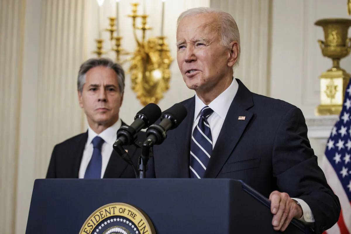 President Joe Biden speaks on the terrorist attacks in Israel alongside Secretary of State Antony Blinken from the State Dining Room at the White House on October 7, 2023 in Washington, DC. (Samuel Corum/Getty Images)