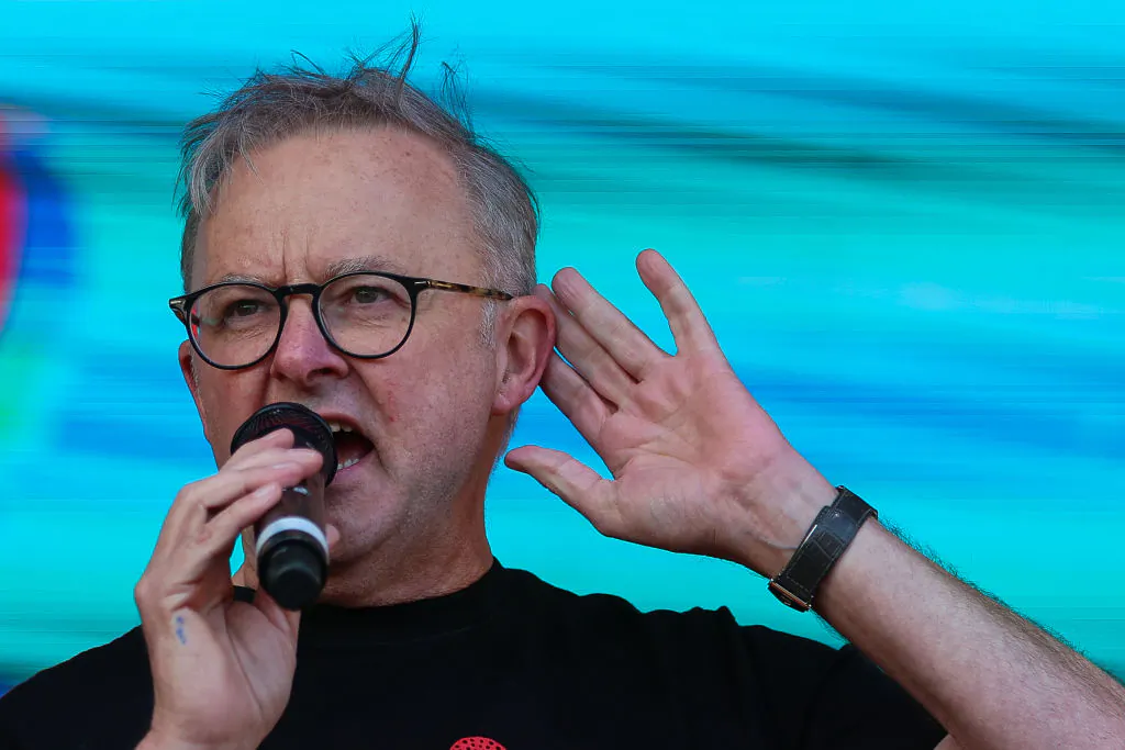 Prime Minister of Australia Anthony Albanese addresses the crowd wearing a 'Yes' T-shirt at 'Now & Forever' at Shepparton Showgrounds in Shepparton, Australia, on Oct. 6, 2023. (Asanka Ratnayake/Getty Images)