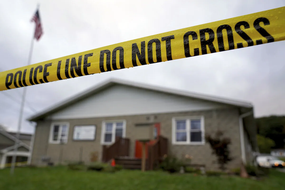 The scene of a fatal shooting at the Chevy Chase Community Center in White Township, Indiana County, Pa., Sunday, Oct. 8, 2023. State police in Indiana County said troopers, local officers and emergency services responded at 12:35 a.m. Sunday to the shooting at the center in White Township, about 50 miles (80 kilometers) northeast of Pittsburgh. (Sean Stipp/TribLIVE.com via AP)