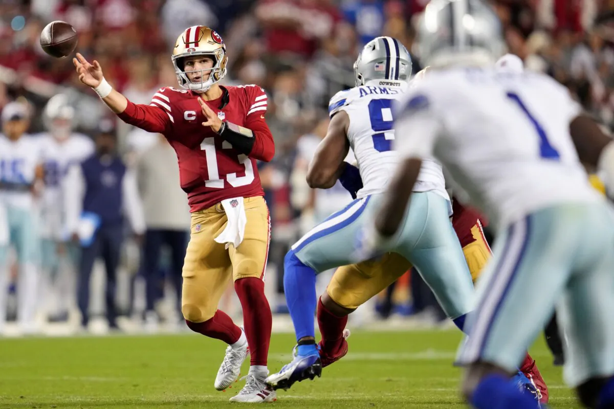 San Francisco 49ers quarterback Brock Purdy (13) passes against the Dallas Cowboys during the second half of an NFL football game in Santa Clara, Calif., on Oct. 8, 2023. (Godofredo A. Vásquez/AP Photo)