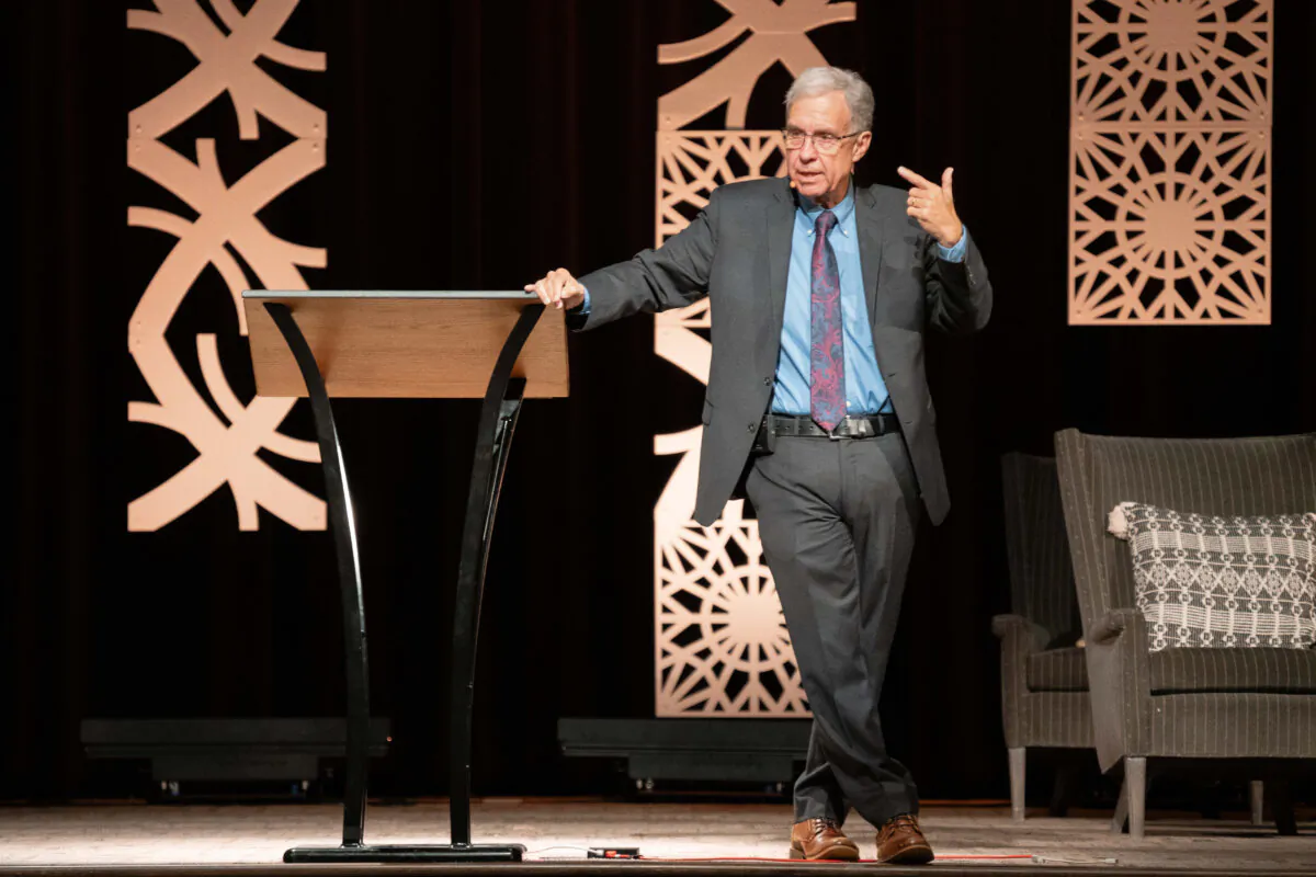 Dr. Michael Egnor, neuroscientist and acclaimed brain surgeon, who has performed 7,000 brain surgeries, presents to an audience at the Westminster Conference on Science and Faith in Glen Mills, Pa., on Sept. 30, 2023. (Daniel Reeves/Discovery Institute)