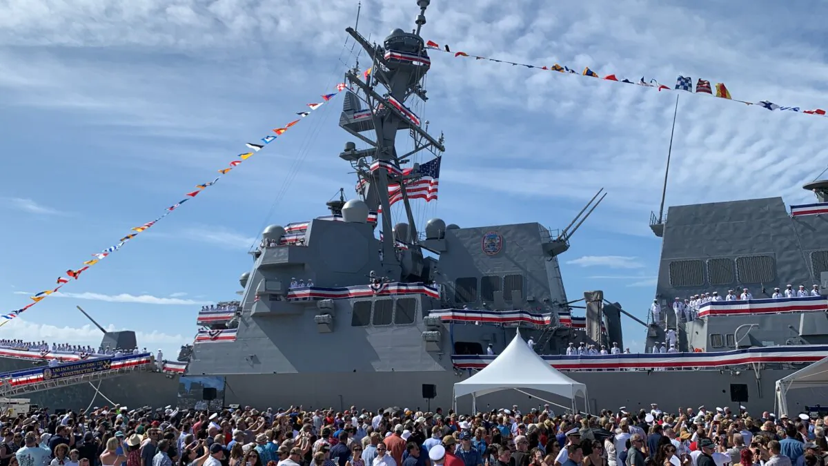 The USS Jack H. Lucas (DDG-125) during her commissioning ceremony in Tampa, Fla., on Oct. 7, 2023. (T.J. Muscaro/The Epoch Times)