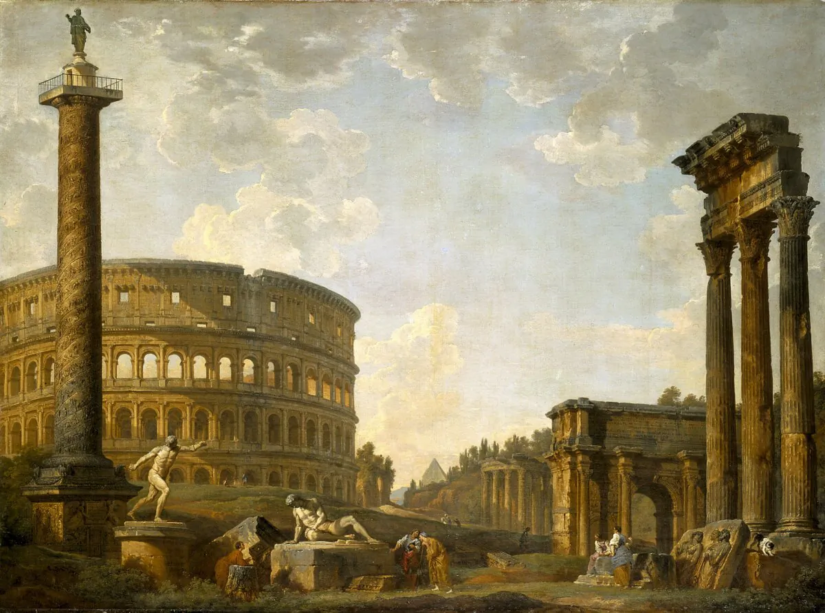 The glory days of Rome are still visible to us in the magnificent ruins left behind. “Roman Capriccio: The Colosseum and Other Monuments,” 1735, by Giovanni Paolo Panini. (Public Domain)