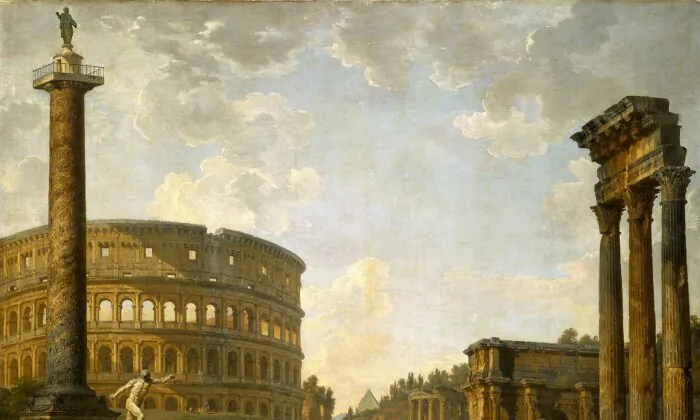 The glory days of Rome are still visible to us in the magnificent ruins left behind. “Roman Capriccio: The Colosseum and Other Monuments,” 1735, by Giovanni Paolo Panini. (Public Domain)