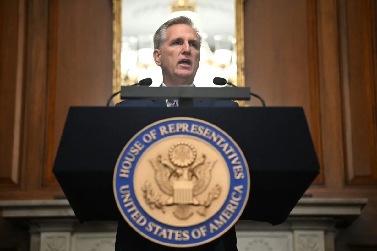 Rep. Kevin McCarthy (R-Calif.) speaks during a press conference in the Rayburn Room at the U.S. Capitol in Washington on Oct. 9, 2023. (Mandel Ngan/AFP via Getty Images)