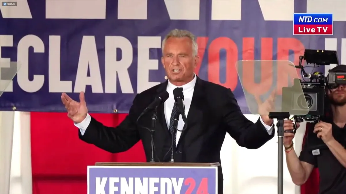 Robert F. Kennedy Jr. speaks at a campaign event in Philadelphia, Pa., on Oct. 9, 2023. (NTD/Screenshot via NTD)