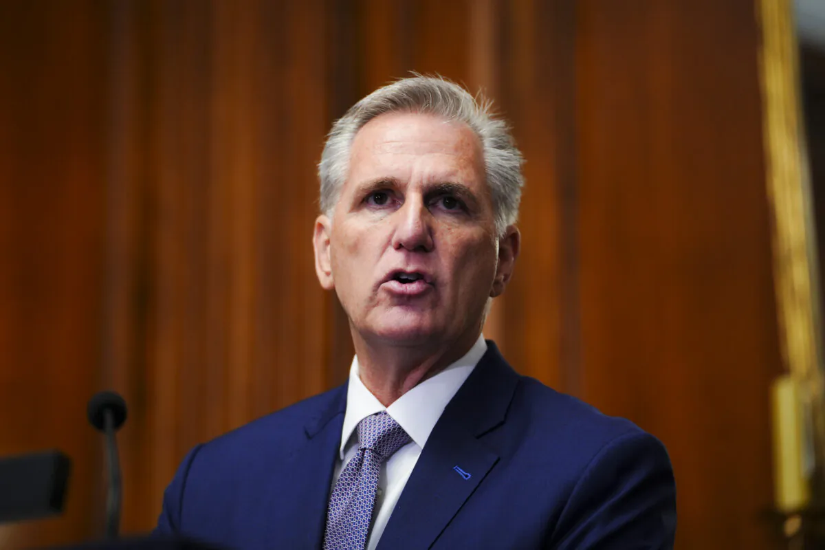 Rep. Kevin McCarthy (R-Calif.) speaks during a press briefing in the Rayburn Room of the U.S. Capitol in Washington on Oct. 9, 2023. (Madalina Vasiliu/The Epoch Times)