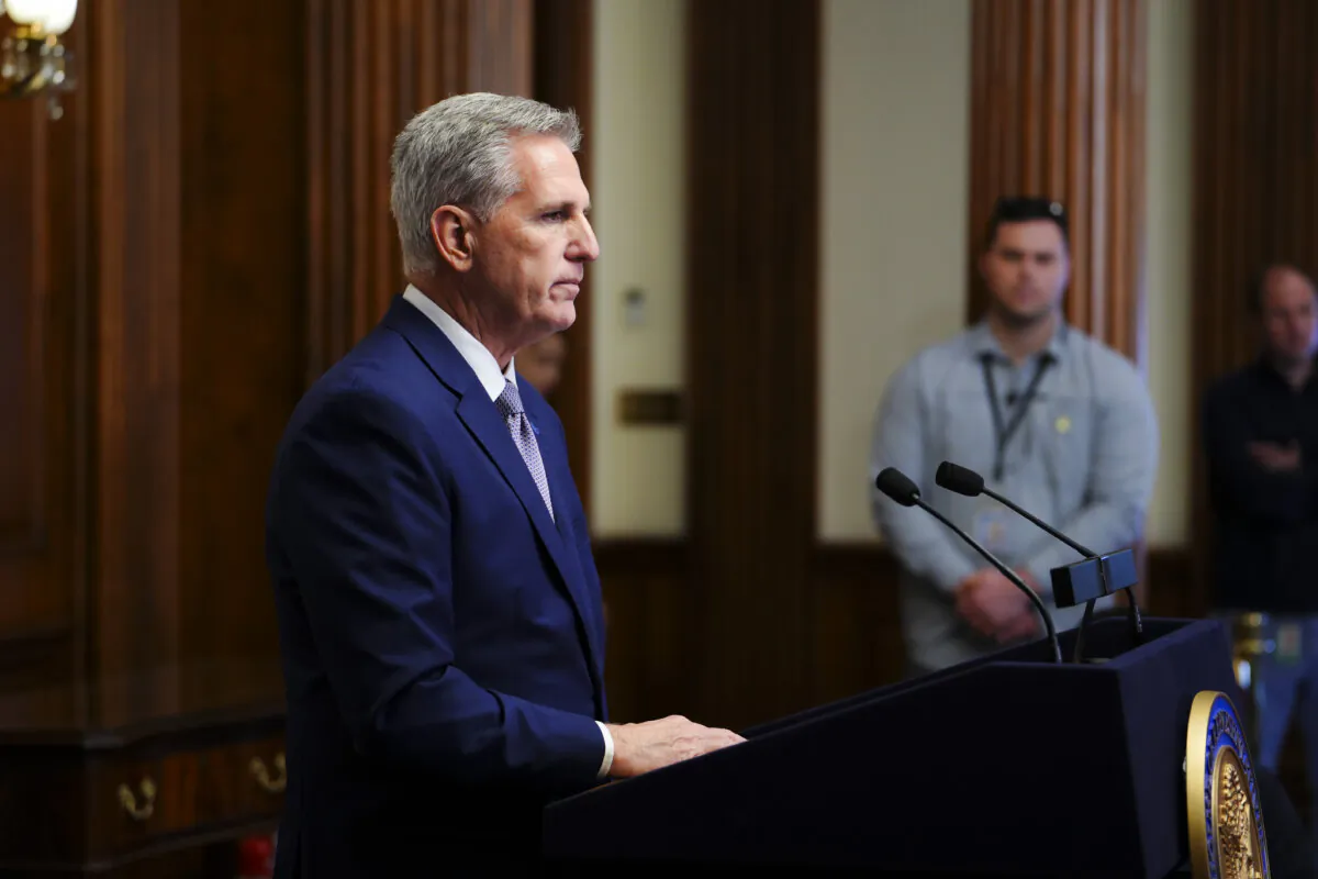 Rep. Kevin McCarthy (R-Calif.) speaks during a press briefing in the Rayburn Room of the U.S. Capitol in Washington on Oct. 9, 2023. (Madalina Vasiliu/The Epoch Times)