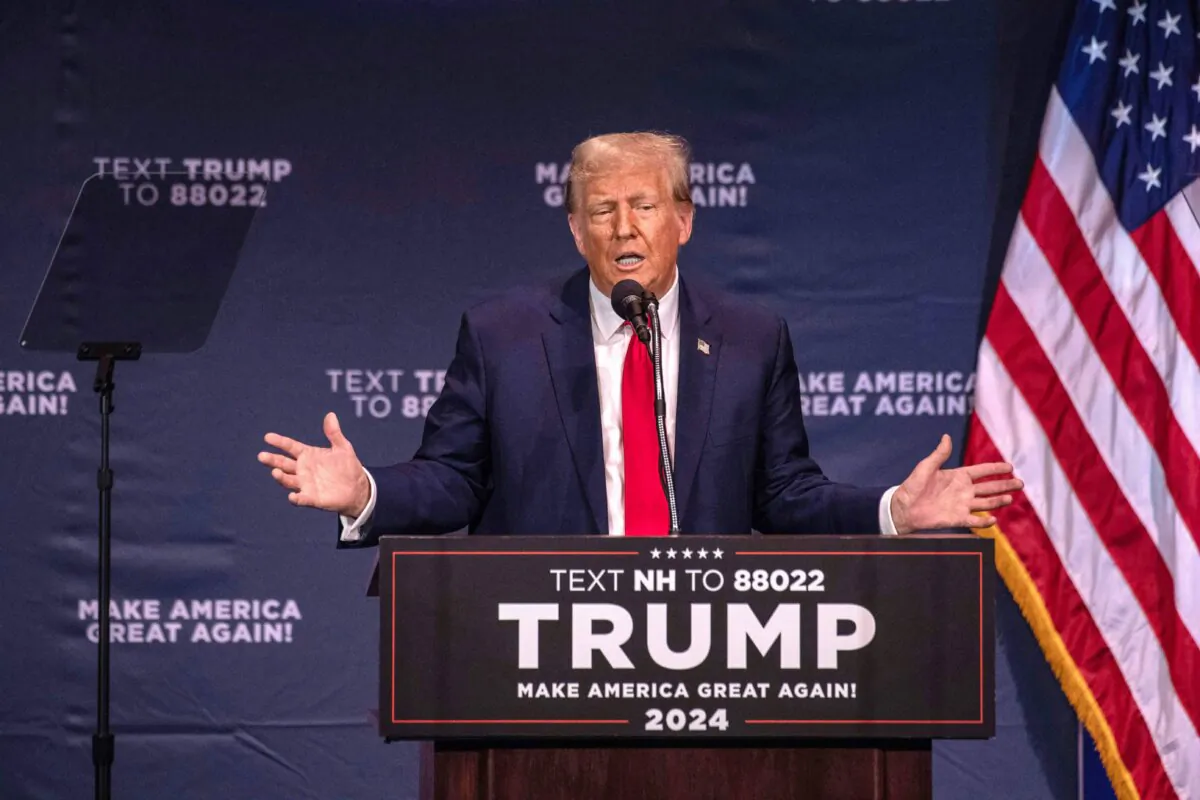 Former President and 2024 Republican presidential hopeful Donald Trump speaks at a campaign event in Wolfeboro, N.H., on Oct. 9, 2023. (Joseph Prezioso/AFP via Getty Images)