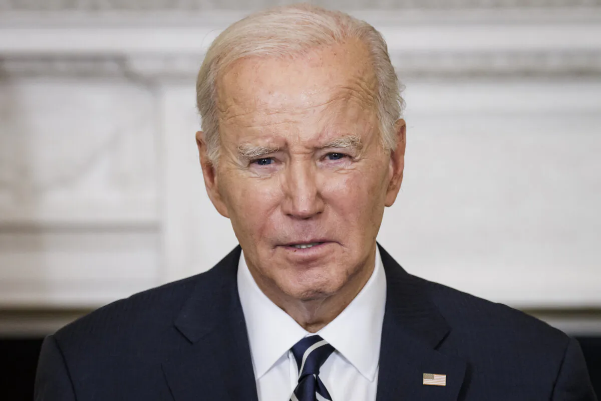 President Joe Biden speaks about the terrorist attacks in Israel from the State Dining Room at the White House on Oct. 7, 2023. (Samuel Corum/Getty Images)