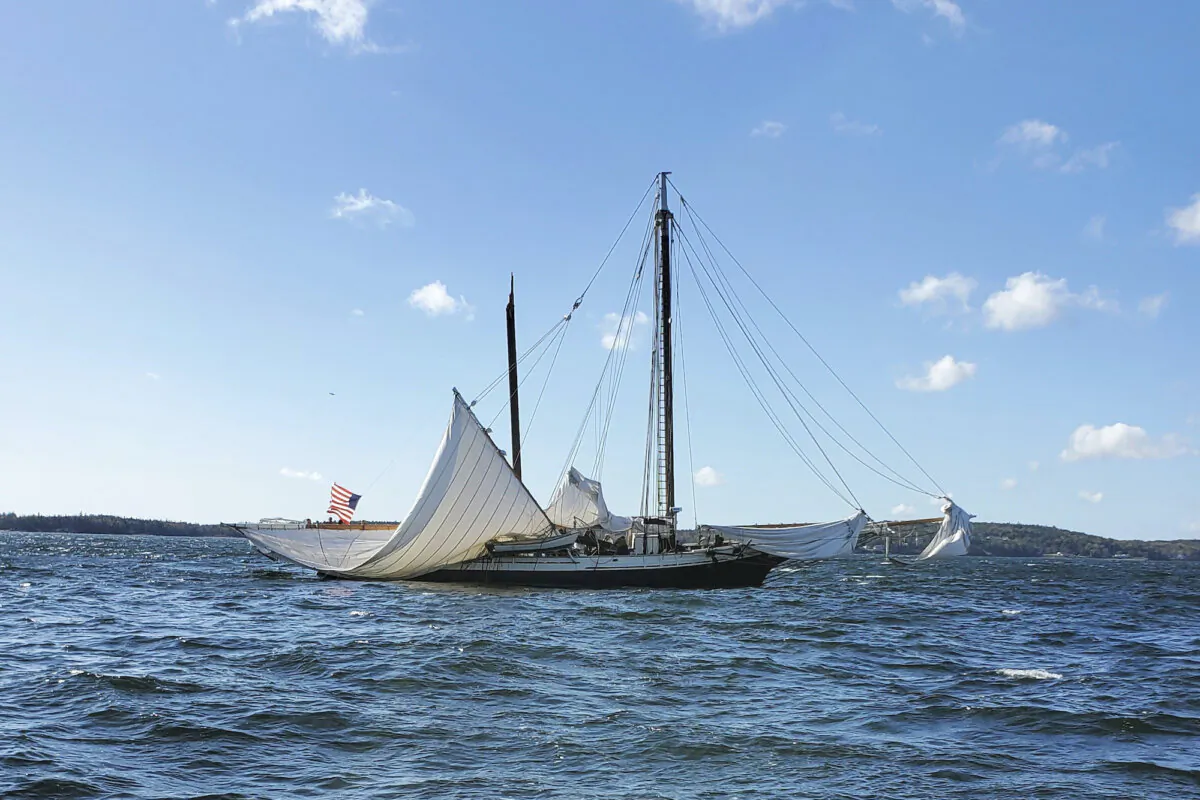 This photo provided by Kurt Schleicher shows the schooner Grace Bailey with its main mast broken off the coast of Rockland, Maine, on Oct. 9, 2023. (Kurt Schleicher via AP)