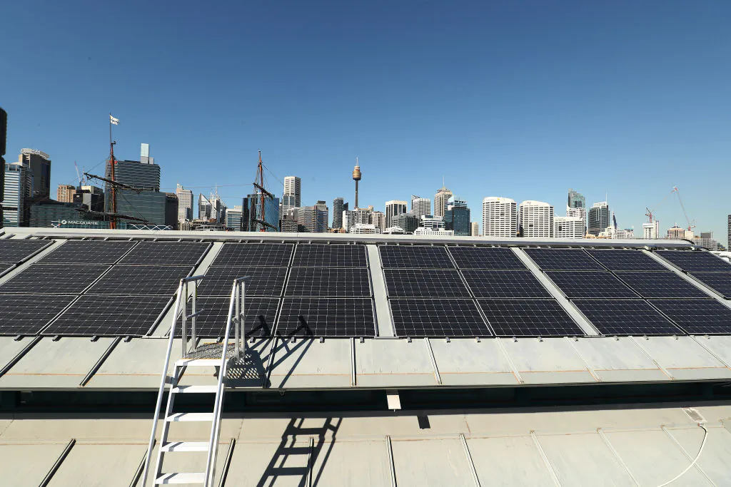 Solar panels are seen on the roof of The Australian National Maritime Museum in Sydney, Australia, on Aug. 14, 2019. (Mark Metcalfe/Getty Images)