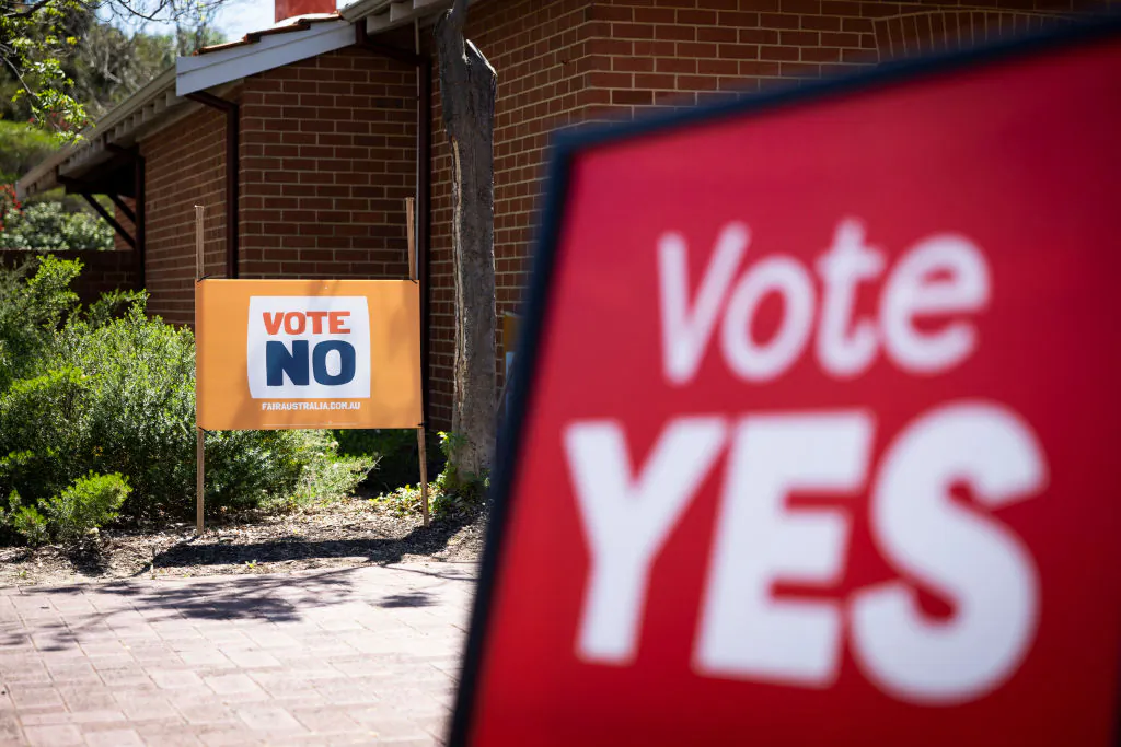 "Vote Yes" and "Vote No" campaign signage is seen outside a polling centre in Perth, Australia, on Oct. 7, 2023. (Matt Jelonek/Getty Images)