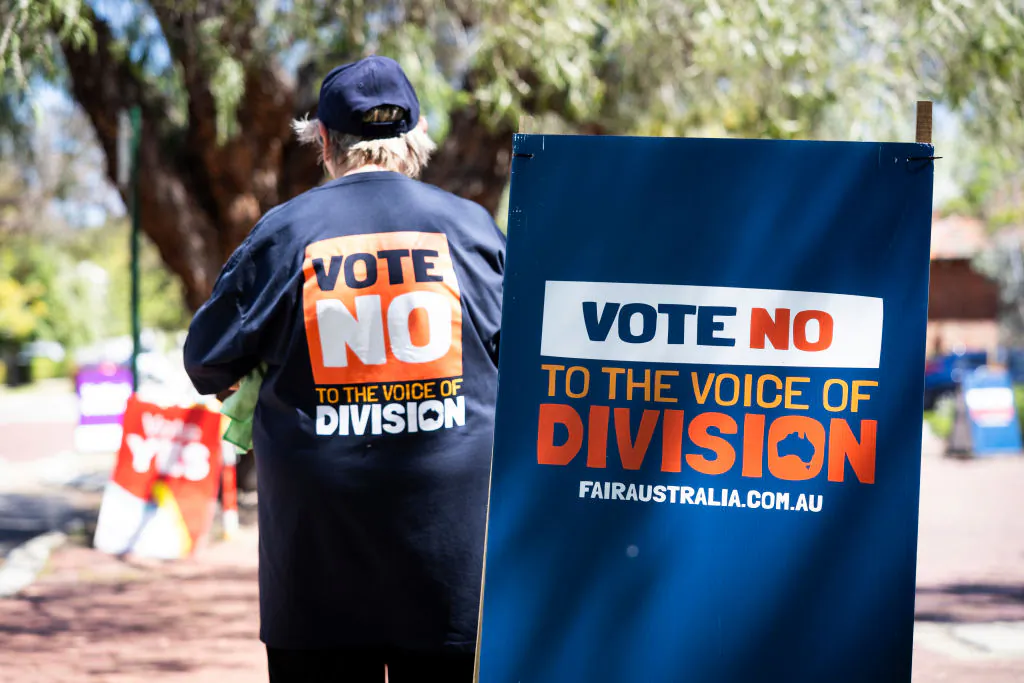 “Vote NO” campaign signage is seen outside a polling centre on Oct. 7, 2023 in Perth, Australia. A referendum for Australians to decide on an indigenous voice to parliament will be held on Oct. 14, 2023 and compels all Australians to vote by law. Early voting began on Oct. 2, with voting getting underway in all states. (Matt Jelonek/Getty Images)