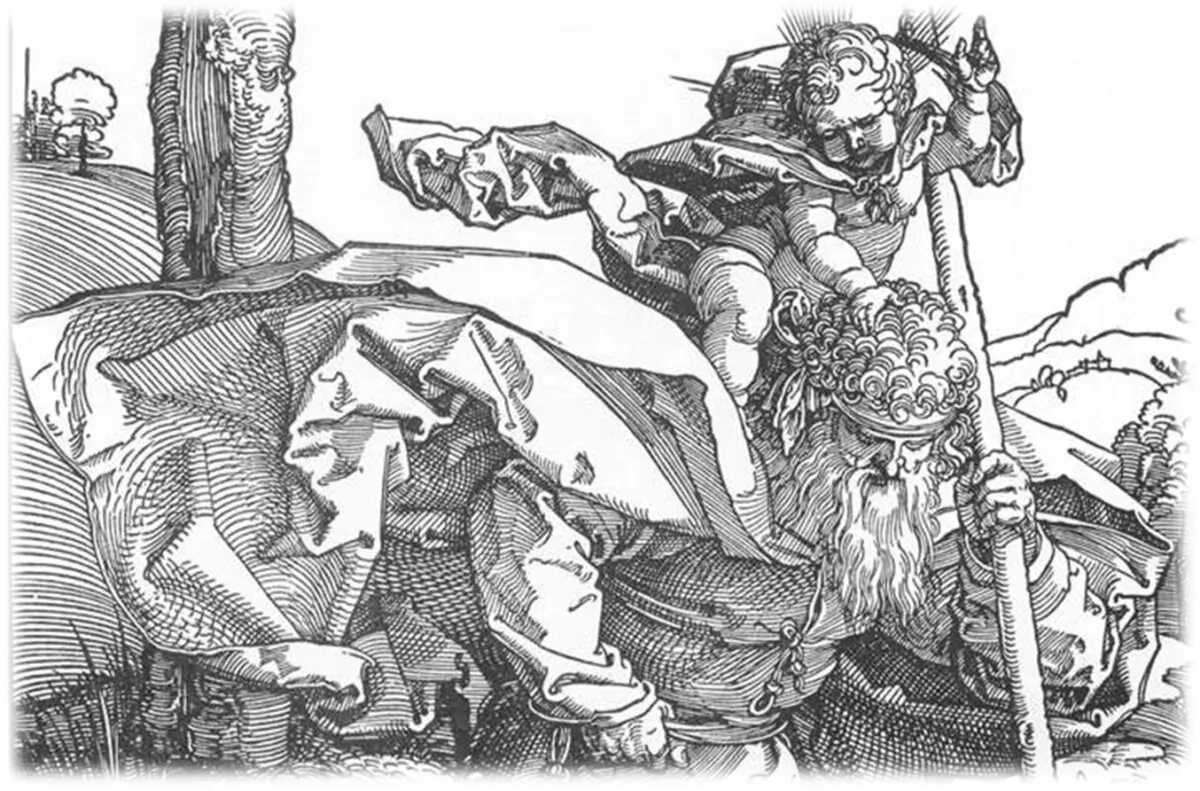 A detail of "St. Christopher Carrying the Infant Christ," 1511, by Albrecht Dürer. Woodcut. British Museum, London. (Public Domain)