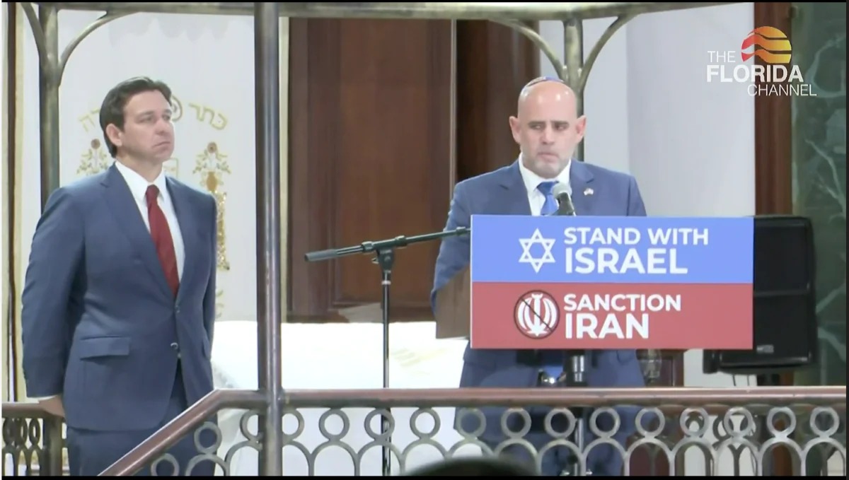 Israel's Consul General Maor Elbaz-Starinsky (R), speaks on the Israel-Hamas war with Florida Gov. Ron DeSantis (L) at The Shul of Bal Harbour Synagogue in Surfside, Florida, on Oct. 10, 2023. (Screenshot/ The Florida Channel)