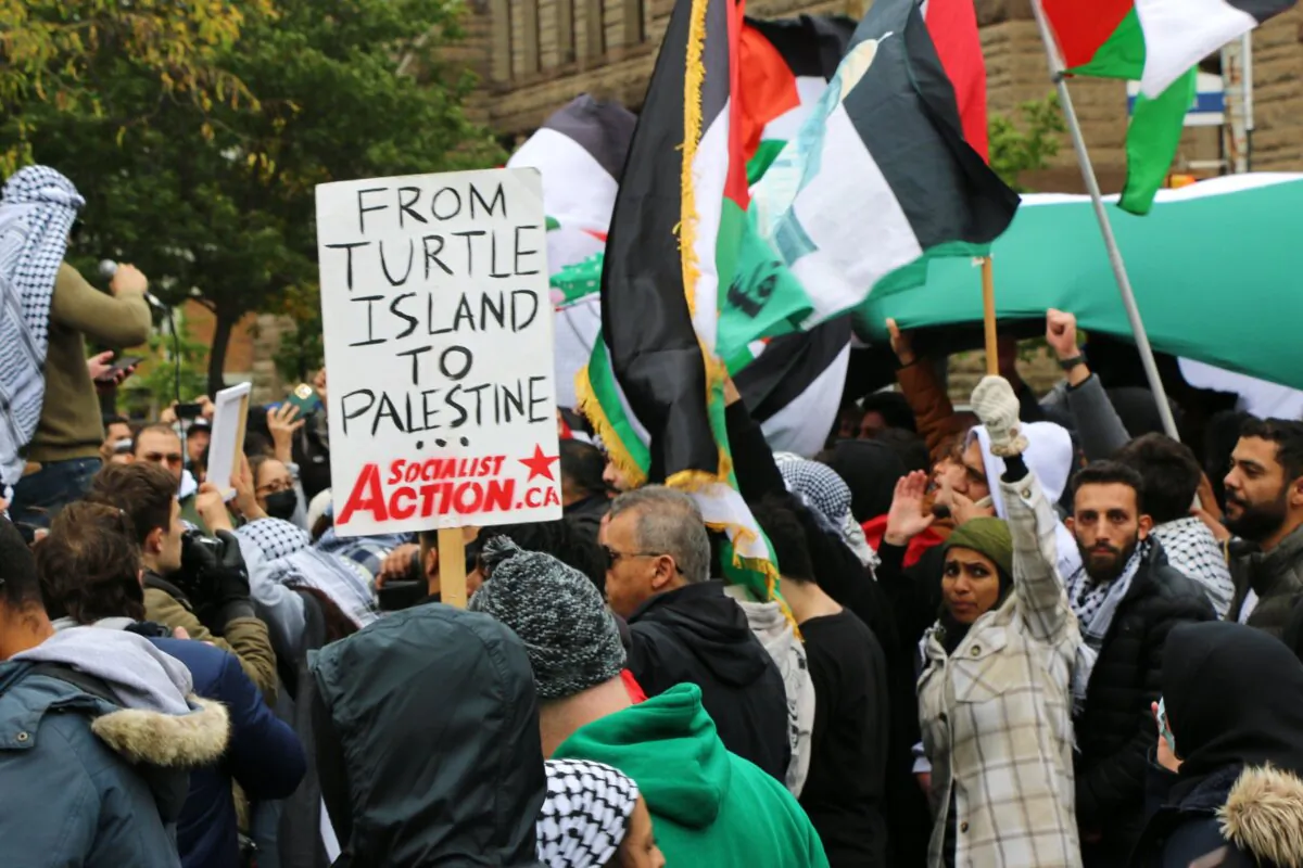 Demonstrators gather to denounce Israel in Toronto, on Oct. 9, 2023. (Andrew Chen/The Epoch Times)