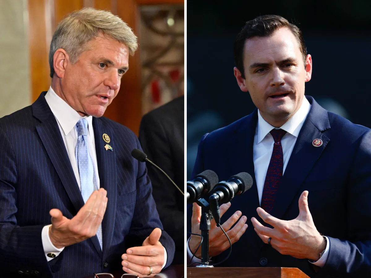 L: Rep. Michael McCaul (R-Texas) addresses a press briefing in Stockholm on Sept. 1, 2023. (Henrik Montgomery /TT News Agency/AFP via Getty Images)/ R: Rep. Mike Gallagher (R-Wis.) speaks during a ceremony at the National Mall in Washington on July 27, 2023. (Anna Moneymaker/Getty Images)