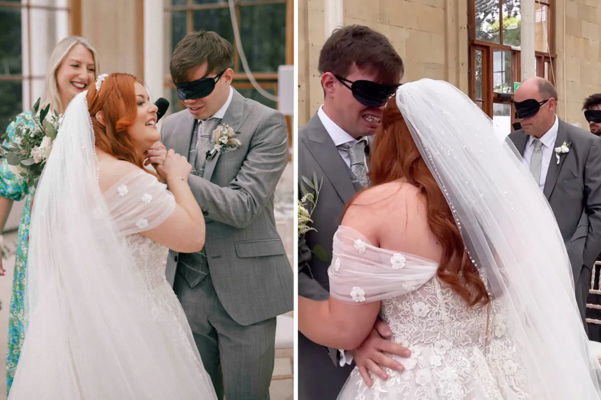 Lucy Edwards, who lost sight in both eyes at age 17, had everyone blindfolded for a special experience on her wedding day. Left: (Courtesy of Philip White); Right: (Courtesy of Adam Stewart)