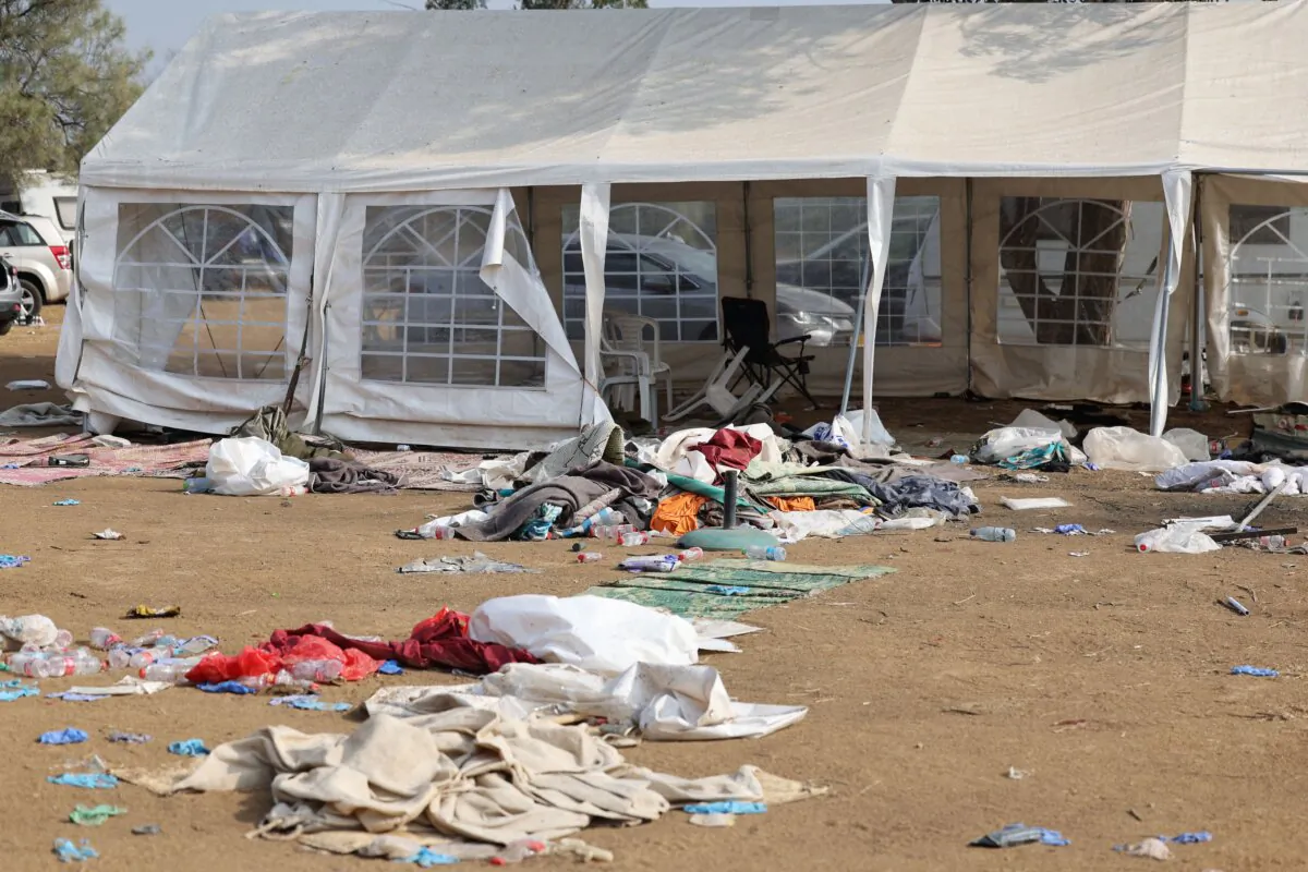 The abandoned site of the weekend attack of the Supernova desert music festival by Palestinian terrorists near Kibbutz Reim in the Negev desert in southern Israel on Oct. 10, 2023.(Jack Guez/AFP via Getty Images)
