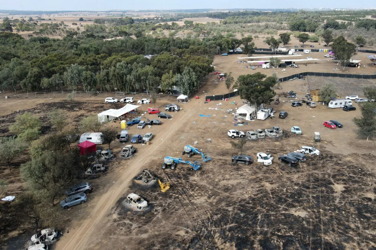 An aerial picture taken on Oct. 10 shows the abandoned site of the weekend music festival attacked by Hamas terrorist near Kibbutz Reim in the Negev desert in southern Israel, on Oct. 7, 2023. (Jack Guez/AFP via Getty Images)