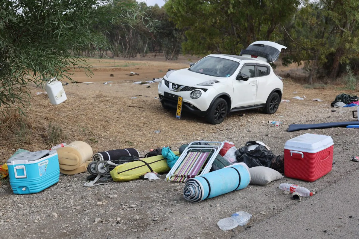 The abandoned site of the weekend music festival attacked by Hamas terrorists near Kibbutz Reim in the Negev desert in southern Israel, on Oct. 10, 2023. (Jack Guez/AFP via Getty Images)