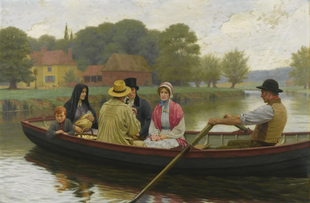 Remaining cheerful and steady on a journey is necessary to hope. "The Ferry," 1921, by Edmund Blair Leighton. Oil on canvas. Private collection. (Public Domain)