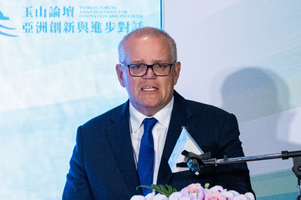 Former Australian Prime Minister Scott Morrison delivers a speech at a dinner event during the Yushan Forum in Taipei, Taiwan, on Oct. 11, 2023. (Annabelle Chih/Getty Images)