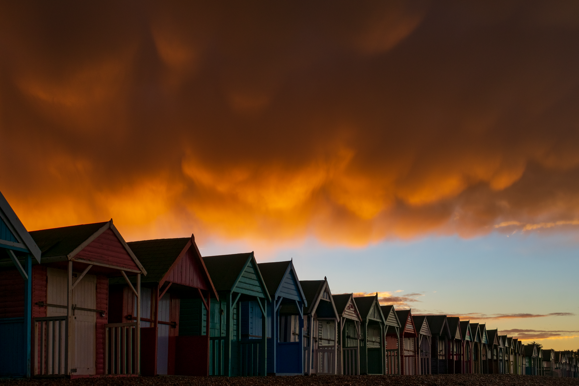 Overhead Mammatus over Beach Huts at Herne Bay by Jamie McBean won the title Standard Chartered Young Weather Photographer or the Year, 2023.