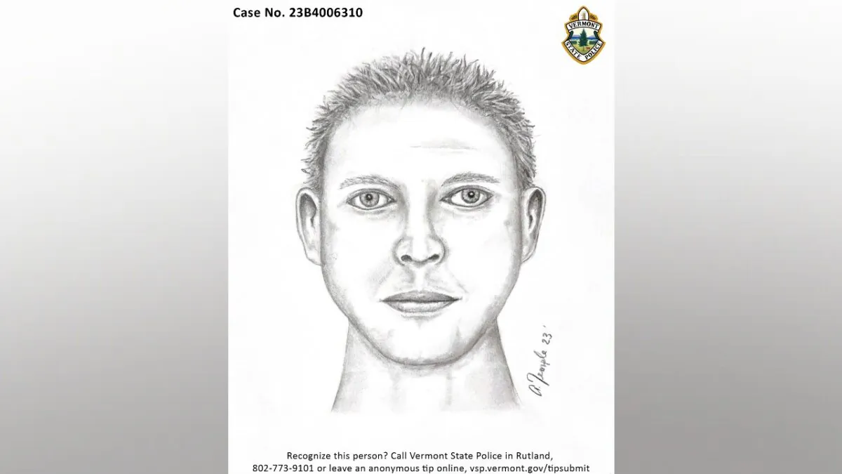 This composite police sketch released by the Vermont State Police, depicts a person of interest in the Oct. 5, 2023, killing of Honoree Fleming, 77, in Castleton, Vt. (Detective Sgt. Adam Temple/Vermont State Police via AP)