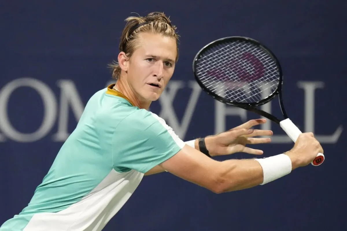 Sebastian Korda (USA) chases a ball hit by Aleksandar Vukic (not pictured) at Sobeys Stadium in Toronto on Aug. 9, 2023. (John E. Sokolowski/USA TODAY Sports via Field Level Media)