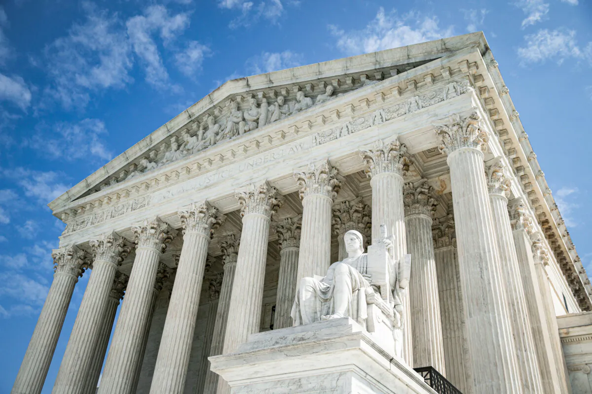 The Guardian or Authority of Law, created by sculptor James Earle Fraser, rests on the side of the U.S. Supreme Court on September 28, 2020 in Washington, DC. (Al Drago/Getty Images)