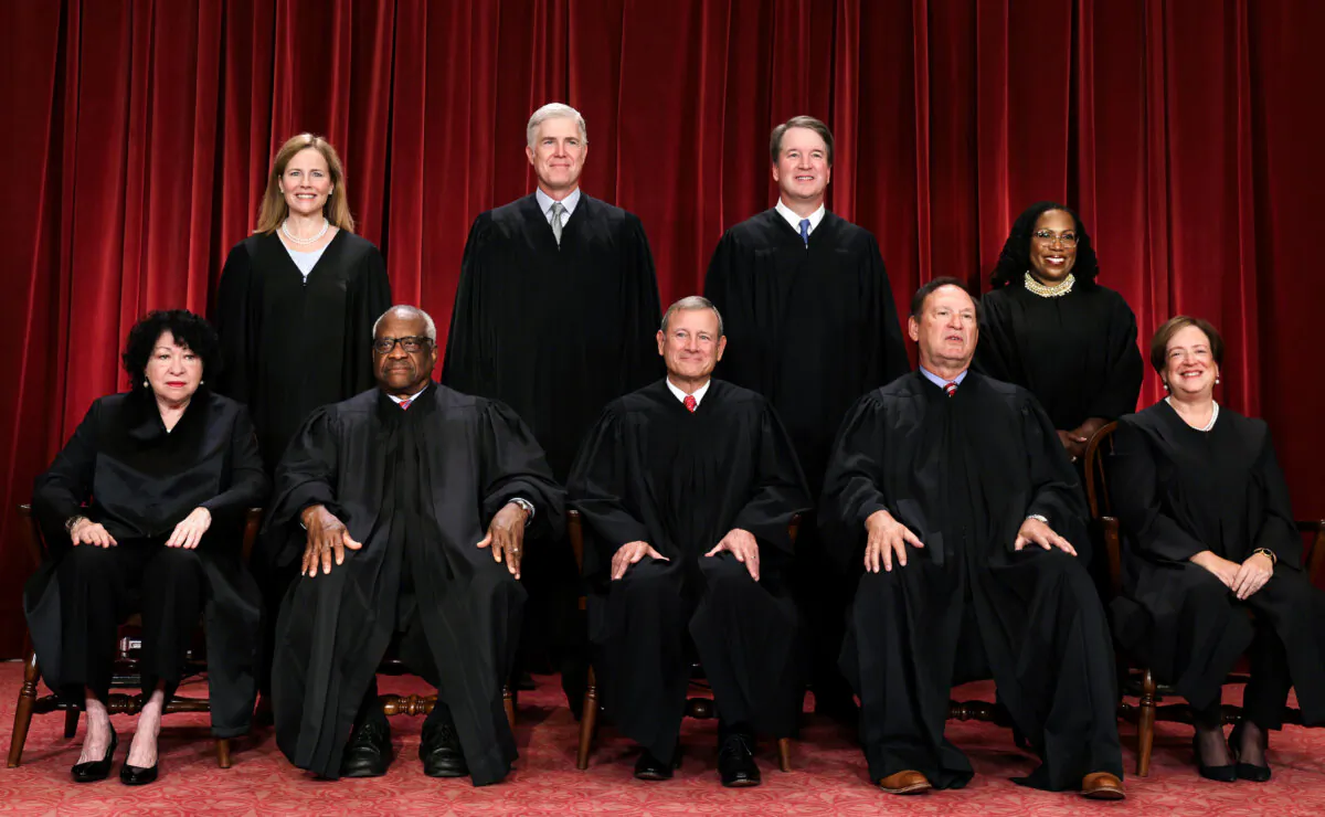 United States Supreme Court Justices pose for their official portrait at the Supreme Court in Washington on Oct. 7, 2022. (Alex Wong/Getty Images)