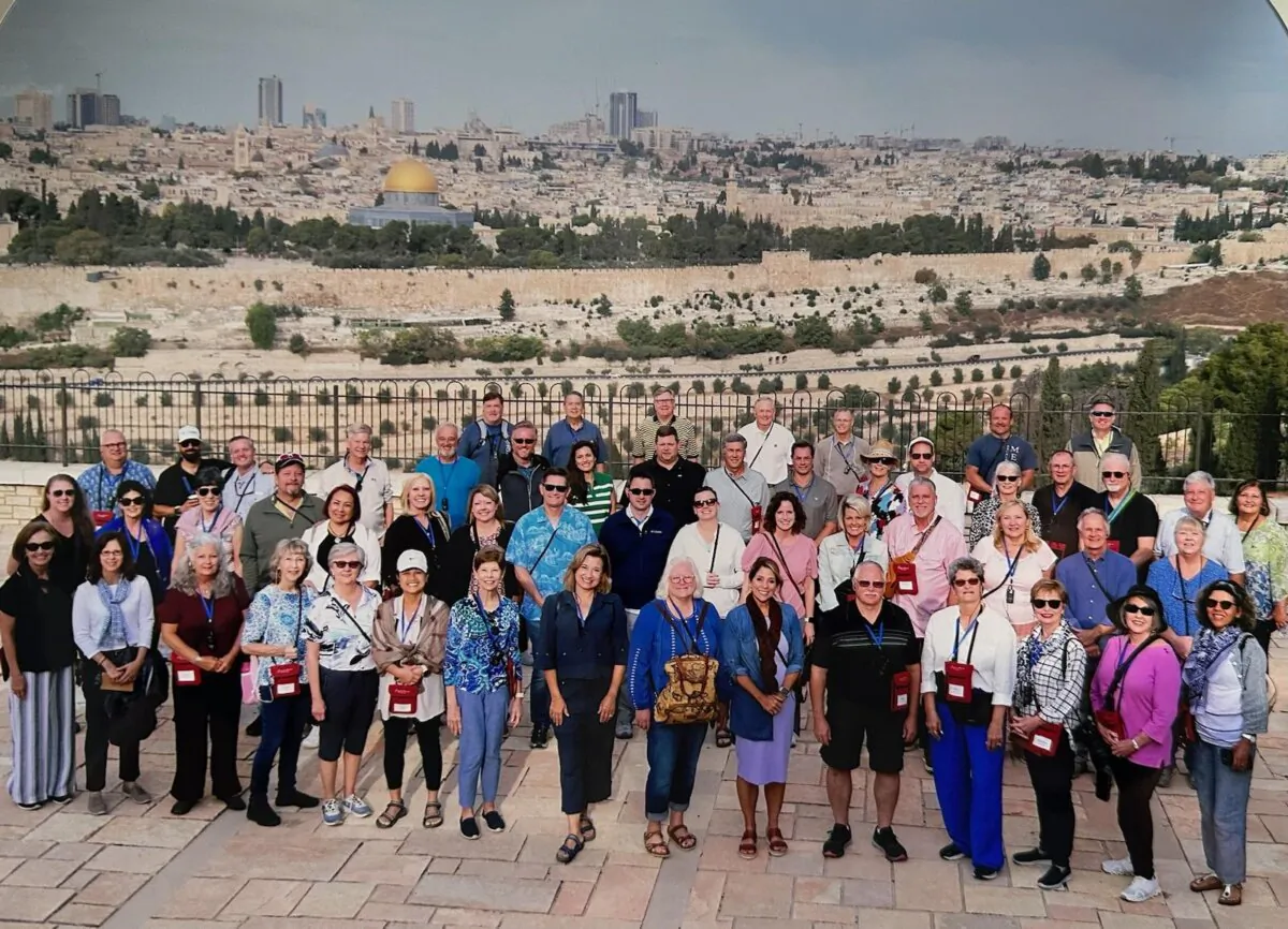 Pastor Zach Terry and his congregation from First Baptist Church Fernandina Beach pose in Jerusalem after escaping from Tiberius following Hamas's military strikes on Israel, Oct. 7, 2023. (Courtesy of First Baptist Church Fernandina Beach)